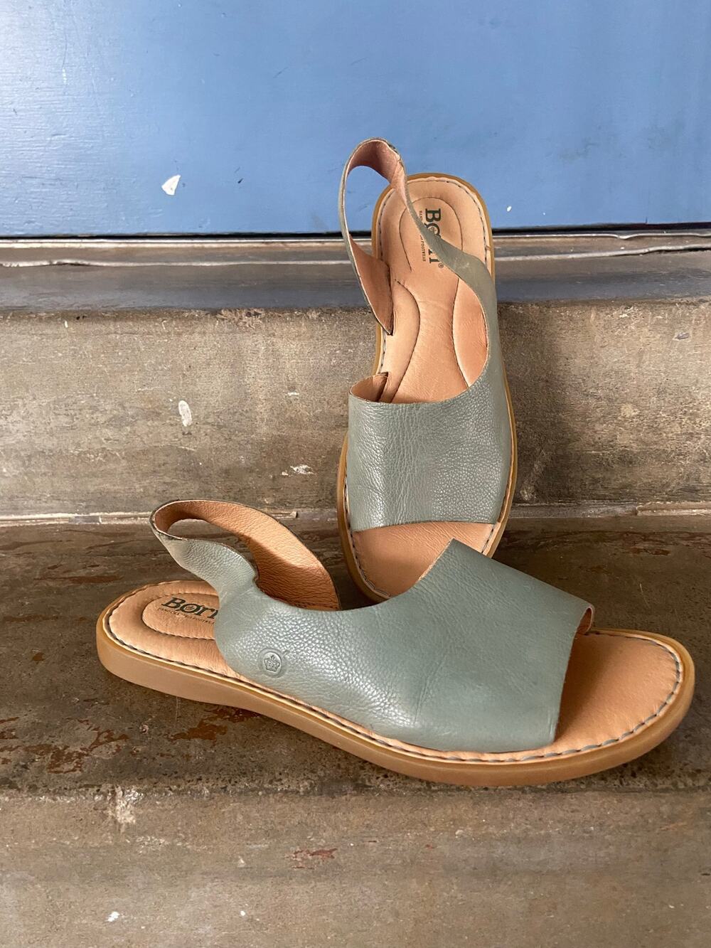 Born Inlet sage green leather flat slingback sandal